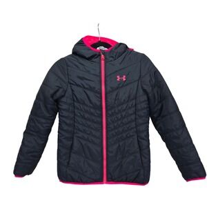 Under Armour ColdGear Girls Puffer Jacket Black Pink Hooded Youth Medium Outdoor